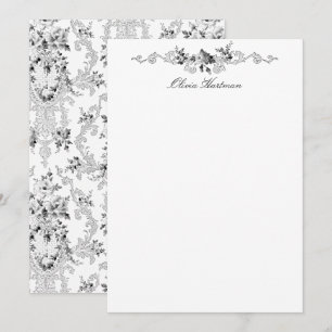 Carte De Correspondance Rococo français élégant Floral noir et blanc