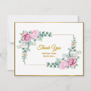 Carte De Correspondance Rose Florale Rose Élégante avec Cadre Doré Merci