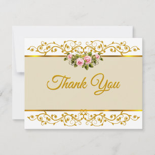 Carte De Correspondance Rose Florale Rose Élégante et Or "Merci"