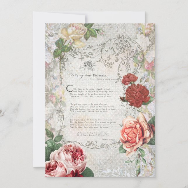 Carte De Correspondance Roses romantiques, Poème et Frontière Filigree (Devant)