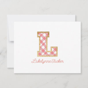 Carte De Correspondance Rustique & Preppy "L" En vichy rose sur Wood Girly