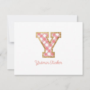 Carte De Correspondance Rustique & Preppy "Y" En vichy rose sur Wood Girly