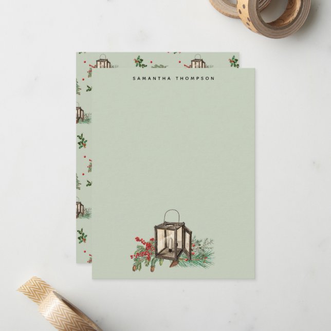 Carte De Correspondance Sage Green Lanterne de Noël Berries (Devant/Arrière en situation)