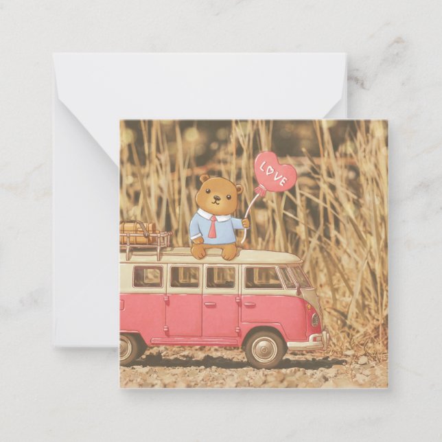 Carte De Correspondance Saint-Valentin : Ours en peluche et Voiture Vintag (Devant)