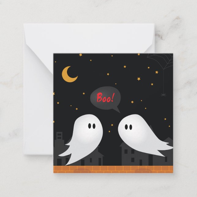 Carte De Correspondance Salutations d'Halloween, mignons fantômes en ville (Devant)