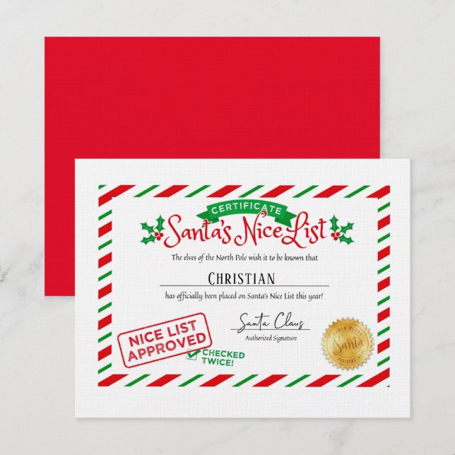 Carte De Correspondance Santa Claus Nice Liste Certificat Personnalisé (Devant / Derrière)