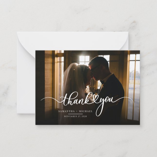 Carte De Correspondance Script photo mariage Merci moderne (Devant)