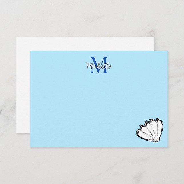 Carte De Correspondance Seashell Sketch White And Blue Monogram (Devant / Derrière)