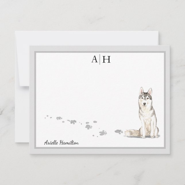 Carte De Correspondance Sibérie Huskie Gris Monogramme frontalier personna (Devant)