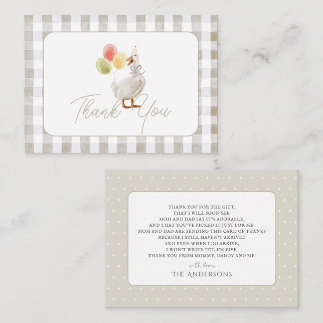 Carte De Correspondance Silencieux Goose Beige En vichy Baby shower Merci (Devant / Derrière)