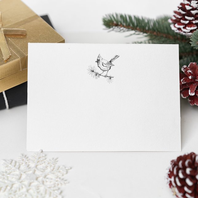 Carte De Correspondance Simple Cardinal d'hiver noir et blanc (Simple & Elegant Winter Cardinal Bird Perched on a Pine Branch, Hand Drawn in Black Ink 4 Christmas)