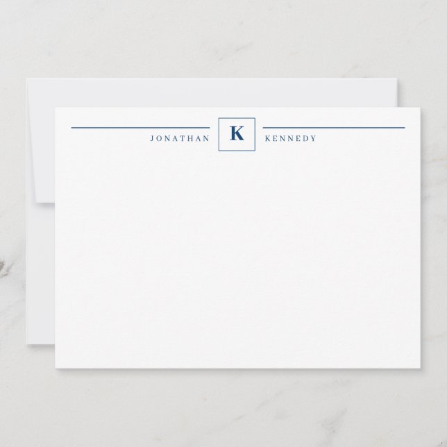 Carte De Correspondance Simple Marine Blue Monogram Line Carré (Devant)