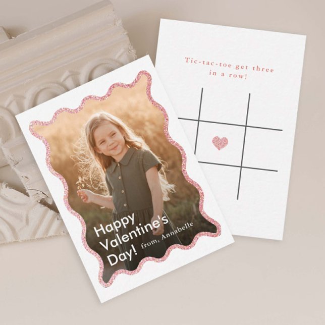 Carte De Correspondance Simple Modern Kids Photo Classroom Valentine's (Modern Kids Photo Classroom Valentine's Day Card with Tic-Tac-Toe game on the back.)
