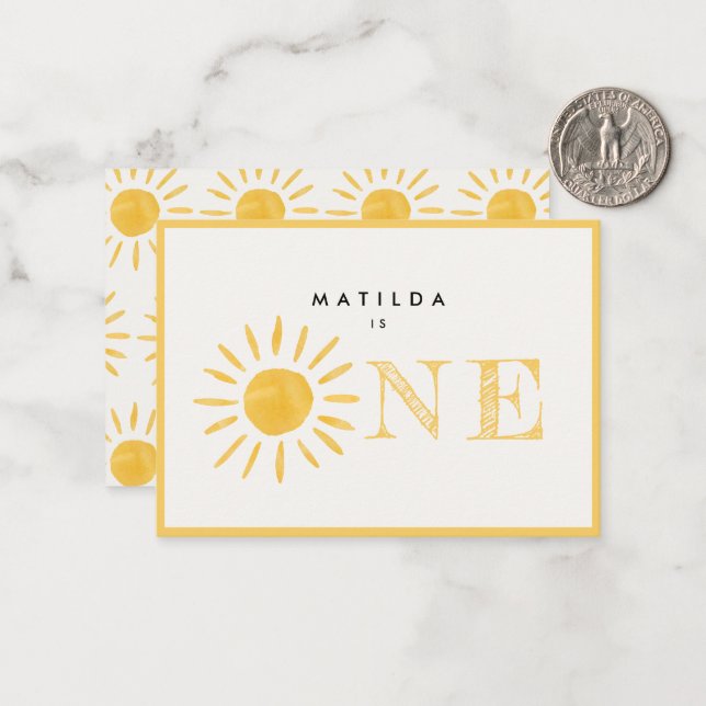 Carte De Correspondance soleil 1er anniversaire soleil jaune merci (Devant/Arrière en situation)