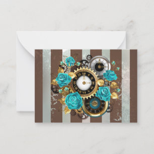 Carte De Correspondance Steampunk Clock and Turquoise Roses on Striped