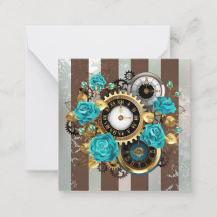 Carte De Correspondance Steampunk Clock and Turquoise Roses on Striped