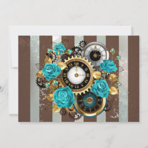 Carte De Correspondance Steampunk Clock and Turquoise Roses on Striped