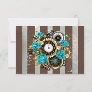 Carte De Correspondance Steampunk Clock and Turquoise Roses on Striped