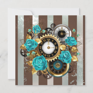 Carte De Correspondance Steampunk Clock and Turquoise Roses on Striped