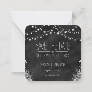 Carte De Correspondance String Lights Black Chalkboard Enregistrer La Date