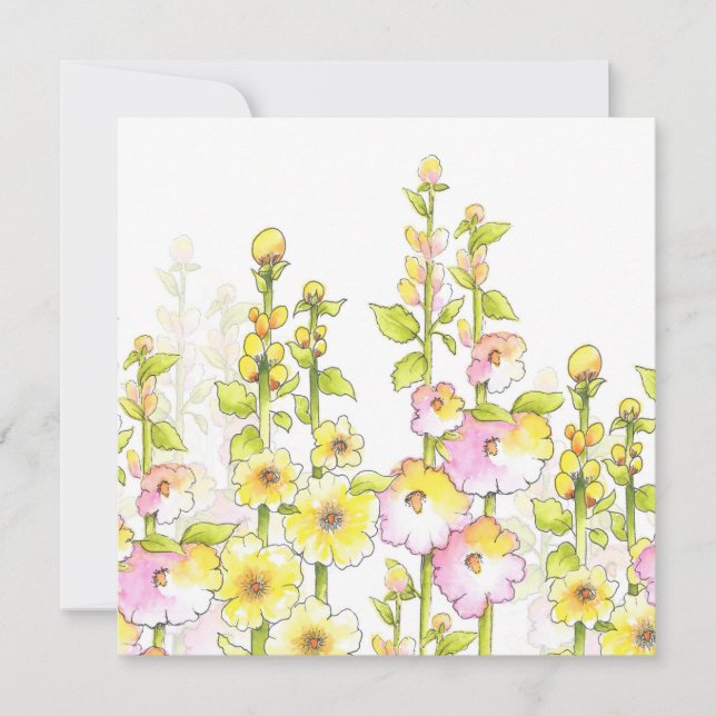 Carte De Correspondance Stylo rose jaune et aquarelle Champ de Hollyhocks (Devant)