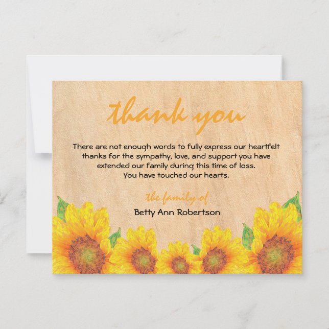 Carte De Correspondance Sympathie funéraire Merci tournesol rustique Thème (Devant)