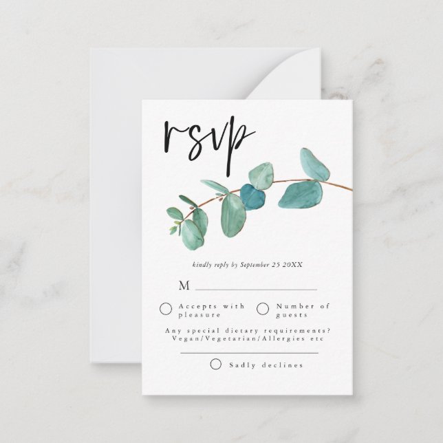 Carte De Correspondance TAILLE MINI | Blue Eucalyptus feuilles mariage RSV (Devant)
