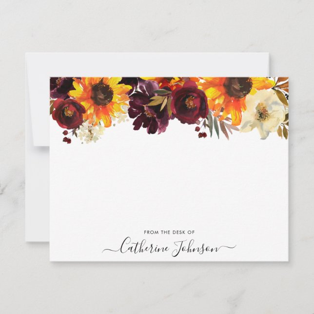 Carte De Correspondance Tournesol rustique Bourgogne Rose Aquarelle Floral (Devant)