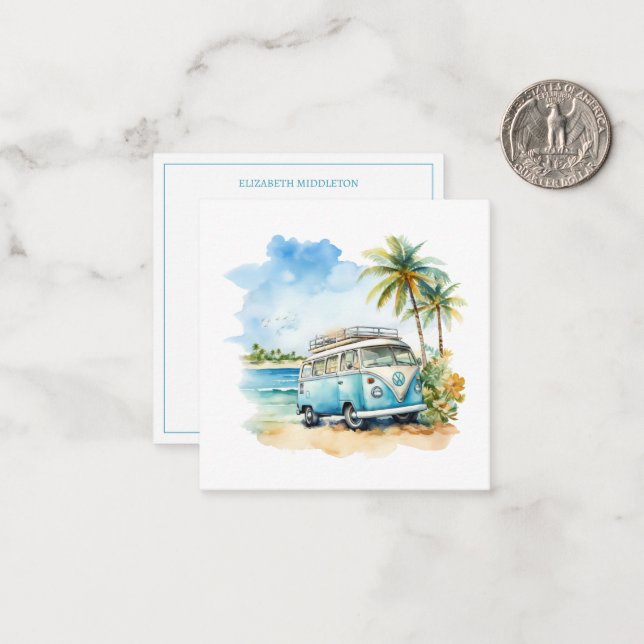 Carte De Correspondance Tropical Island Retro Blue Bus (Devant/Arrière en situation)