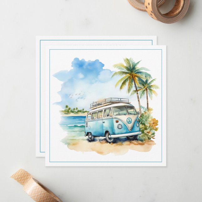 Carte De Correspondance Tropical Island Retro Blue Bus  (Devant/Arrière en situation)