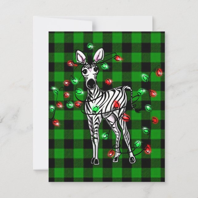 Carte De Correspondance Vacances Zèbre, tartan vert, lumières scintillante (Devant)