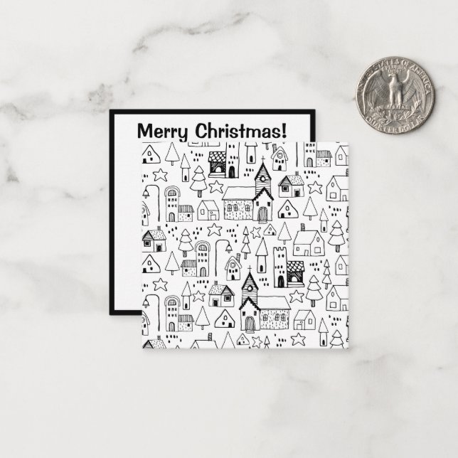 Carte De Correspondance Village de Noël pour enfants Whimsical Black & Whi (Devant/Arrière en situation)
