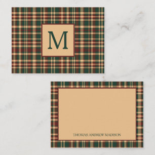 Carte De Correspondance Vintage Noël Plaid Rouge et Vert Monogramme