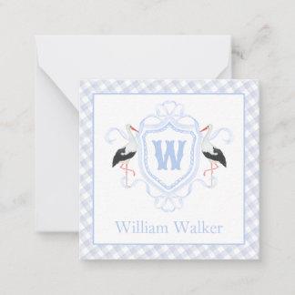 Carte De Correspondance Watercolor Blue Stork Gingham Monogram Crest