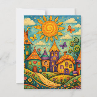 Carte De Correspondance Whimsical Fairy Tale Village Colorful Canvas Art