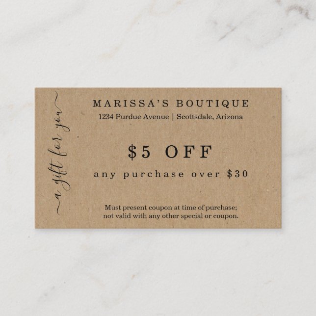 Carte de coupon d'affaires sur papier Kraft (Devant)