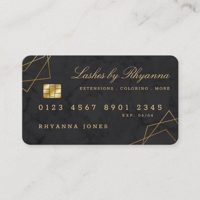 Carte de crédit Black Marble Faux Gold Geo Lines (Devant)