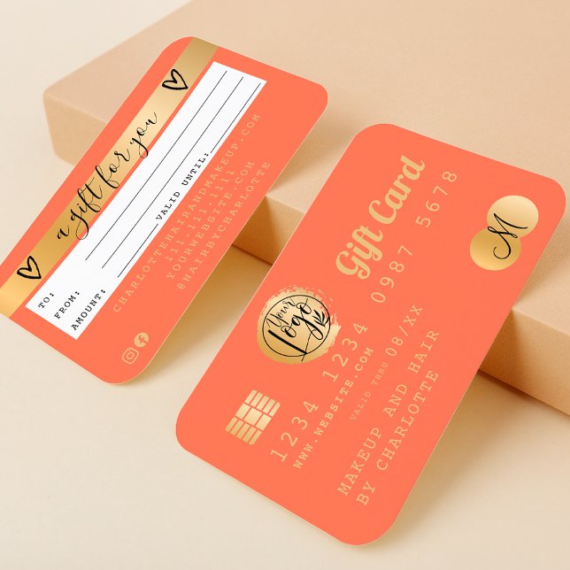 Carte de crédit corail orange feuille or carte cad (Credit card neon pink gold foil gift card coral)