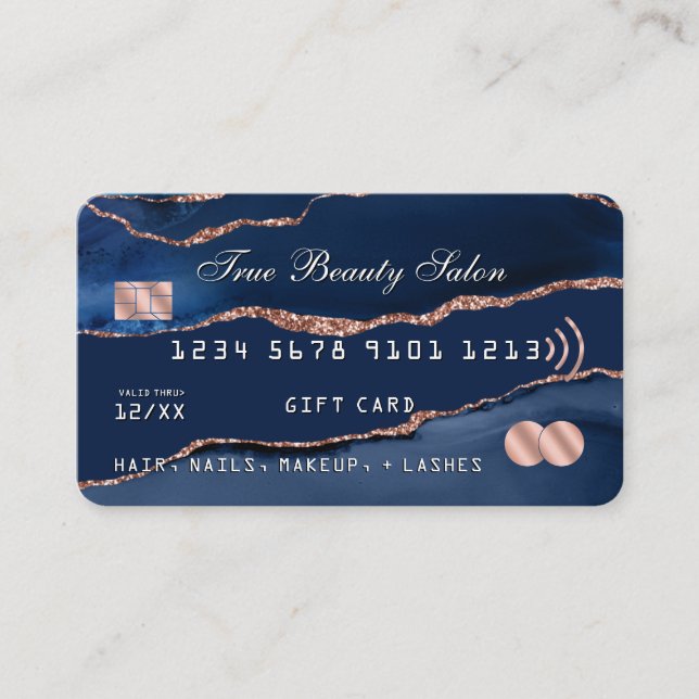 Carte de crédit Marine Blue Rose Gold Agate Marble (Devant)