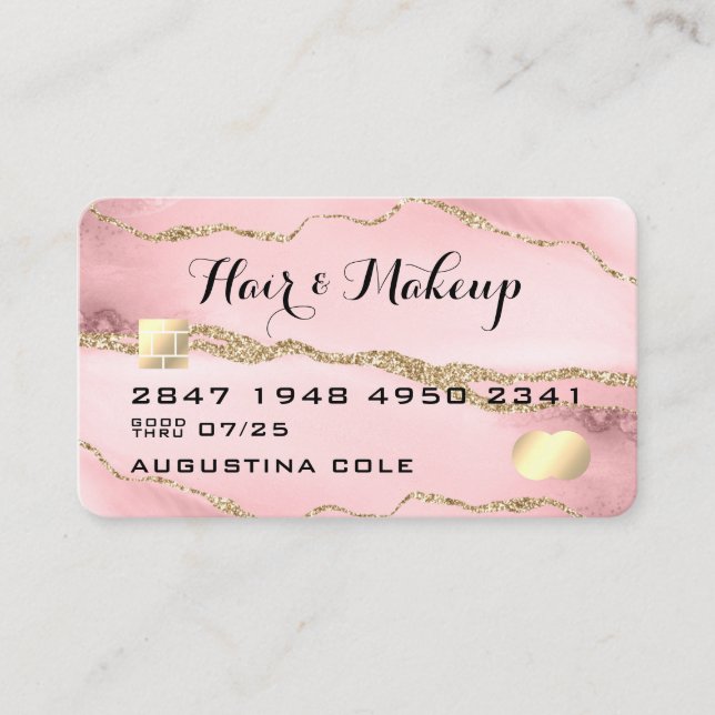 Carte de crédit moderne Pink Gold Marble Agate Fau (Devant)