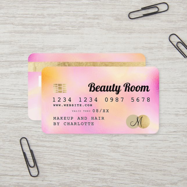 Carte de crédit or perle rose girly beauté monogra (Devant/Arrière en situation)