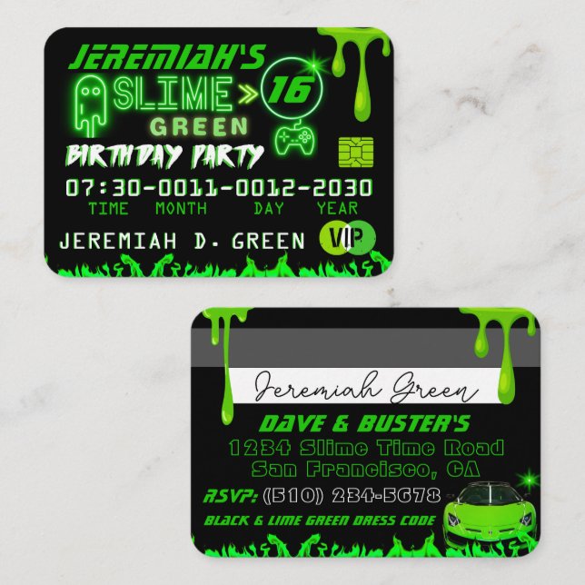 Carte de crédit Slime Green VIP Birthday Invitatio (Devant / Derrière)