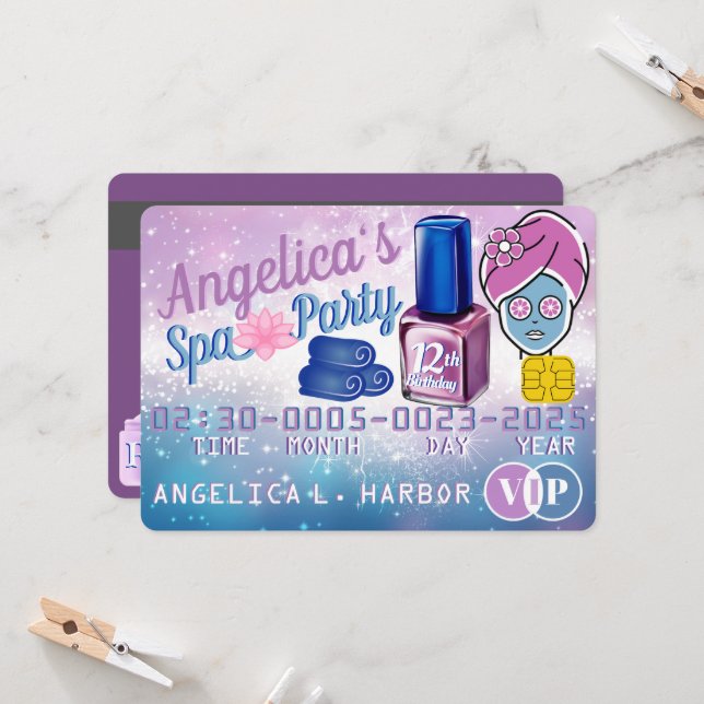 Carte de crédit VIP fête de Spa Fille Bleu & Viole (Devant/Arrière en situation)