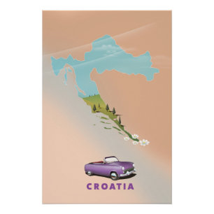 Carte de Croatie Affiche illustrée imprimée.