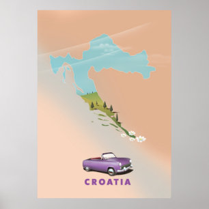 Carte de Croatie Affiche illustrée imprimée.