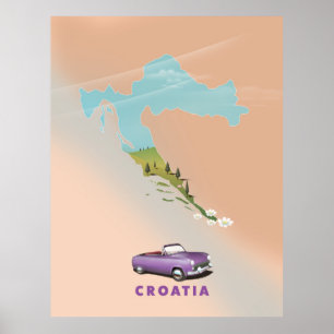 Carte de Croatie Affiche illustrée imprimée.