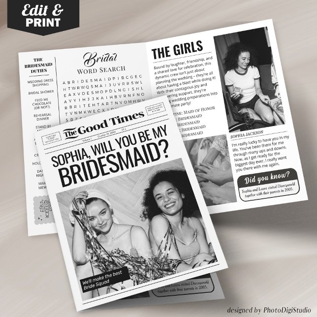 Carte de demande de demoiselle d'honneur de journa (Editable Bridesmaid Proposal 4 pages, Custom Bridesmaid Newspaper )
