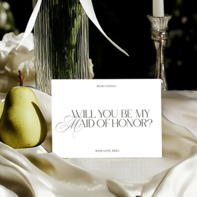 Carte de demande de témoin élégante et moderne bla (Modern Elegant White Maid of Honor Proposal Card)