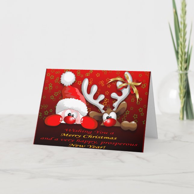 Carte de dessin amusante Père Noël et Reindeer (Devant)