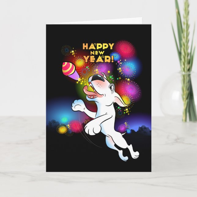 Carte de dessin Bull Terrier "Bonne année" (Devant)